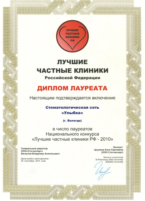 Диплом «Лучшие частные клиники»